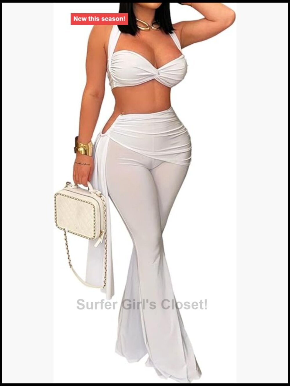 Women's Halter Crop Top & High Waist Flare Pants Set - Club Party Outfit